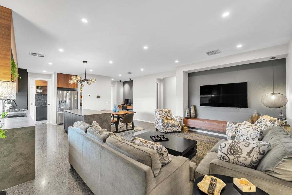 Lounge wide shot with custom furniture and joinery