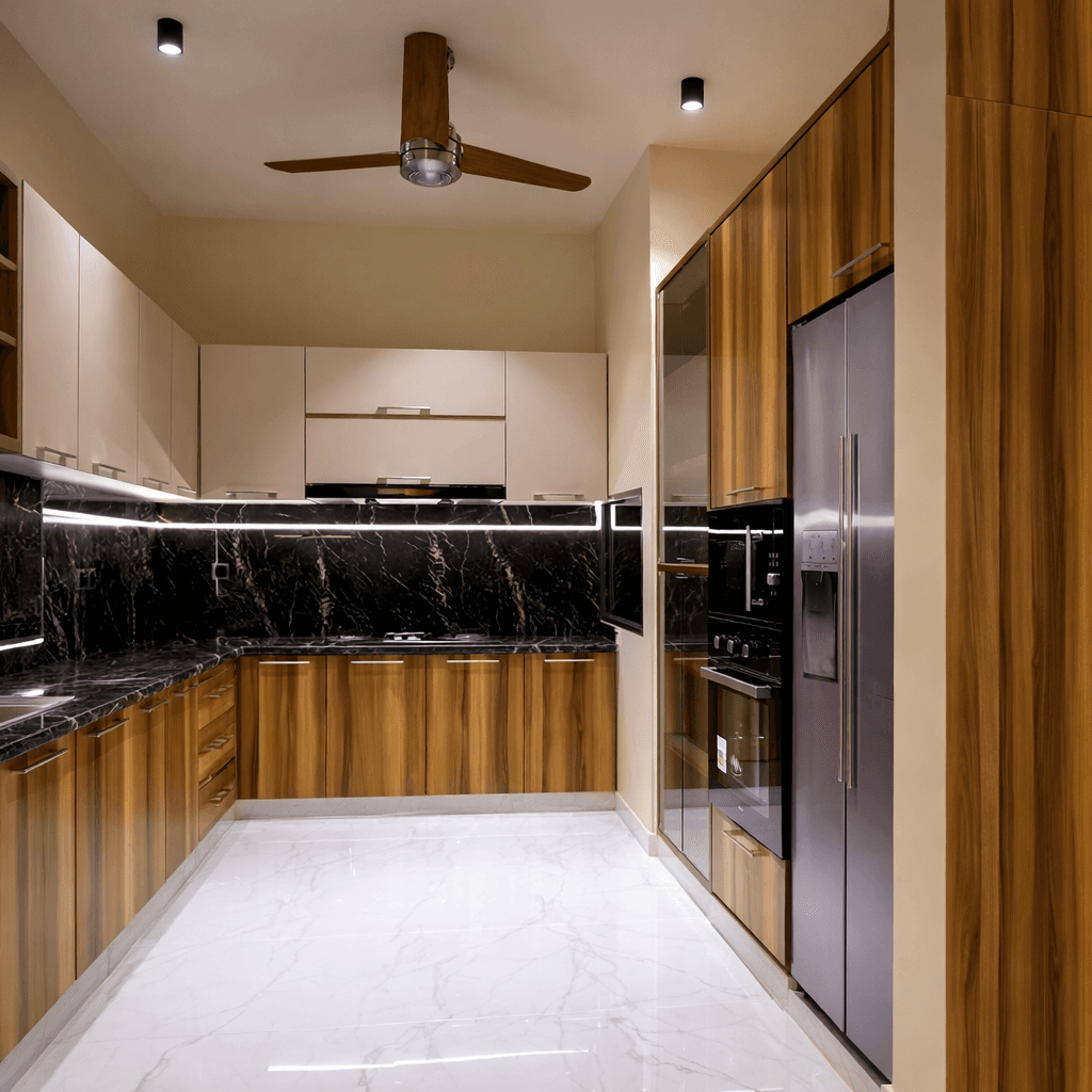 Wide kitchen layout with feature splashback
