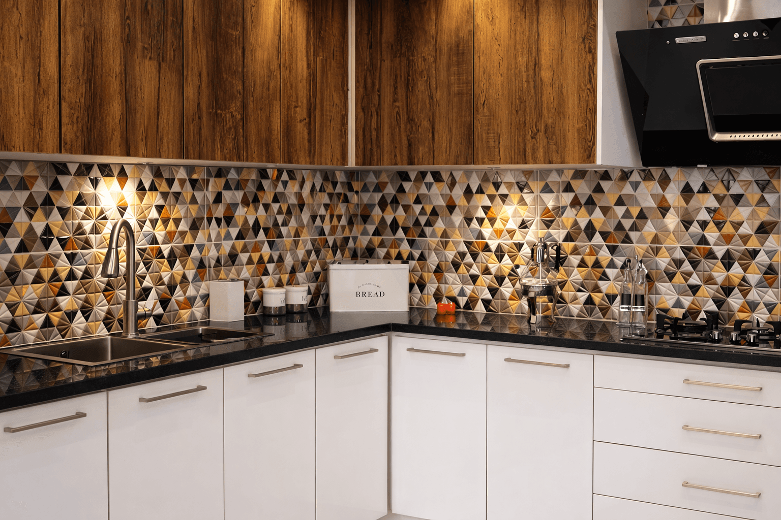 Dark timber kitchen and dining composition